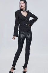 Black Gothic Metal Rose Button Leather Lace Panel Slim Fit Women's Long Pants - Product - 5