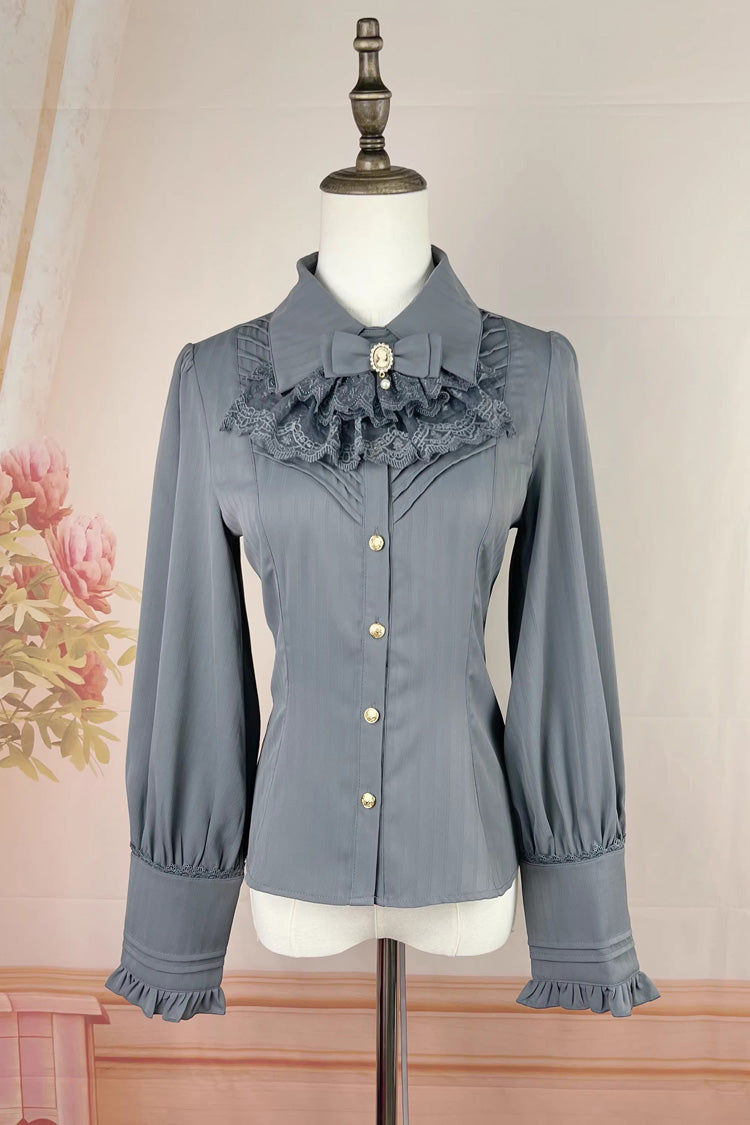 [Enchanted Dreamland] Lapel Collar Long Sleeves Ruffled Lace Slim Classic Elegant Lolita Blouse 6 Colors - Grey - 9