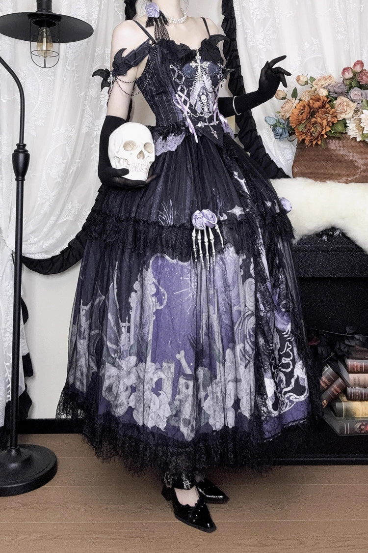 Black/Blue [Skull Magic] Print Ruffle Bowknot Gothic Elegant Lolita Skirt Two-Piece Set - Product - 15