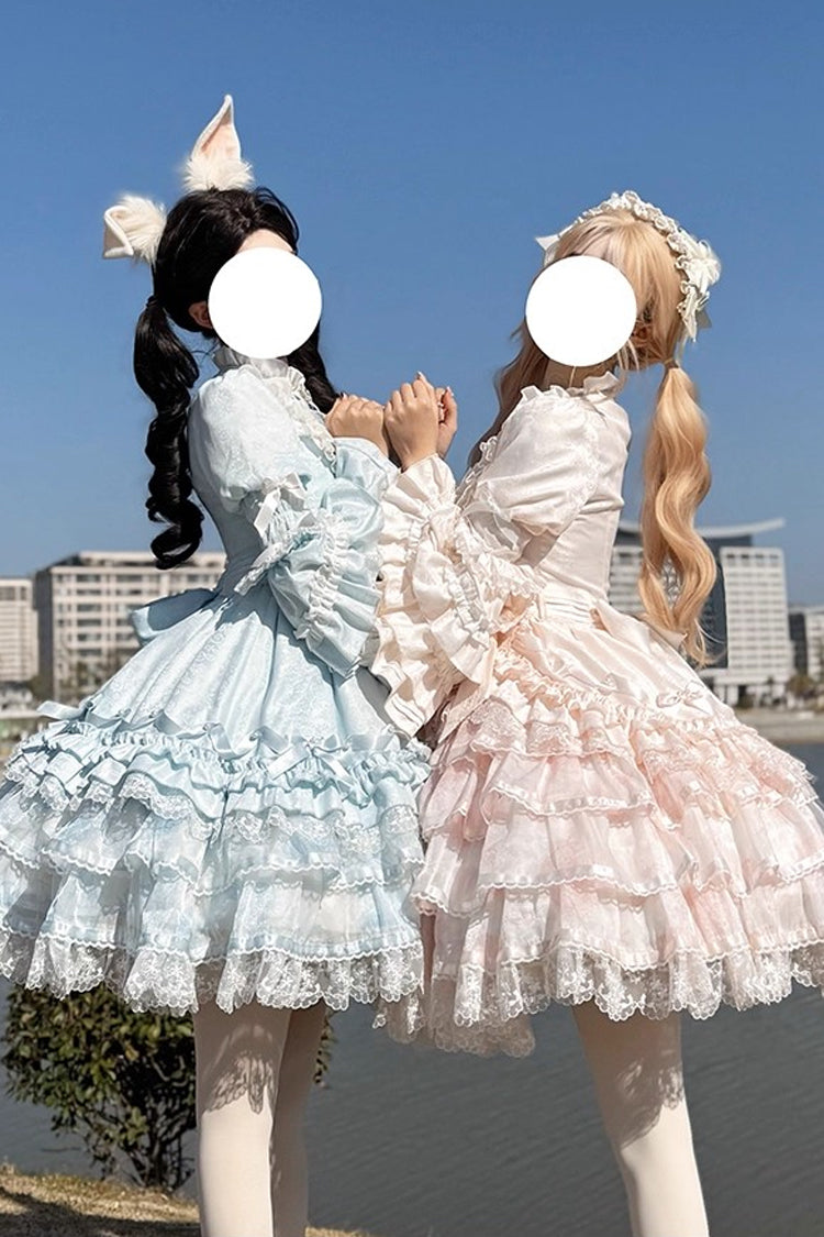 Pink [The Soloist Doll] Long Hime Sleeves Multi-Layered Print Ruffle Bowknot Asymmetric Sweet Lolita Dress - Product - 5