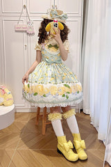 Green [Lemon Chicken] Print Ruffle Bowknot Lace Sweet Lolita Jsk Dress - Product - 13
