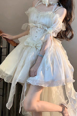 Ivory Midsummer Dream Short Sleeves Ruffle Hanayome Off-The-Shoulder Gothic Short Lolita Dress - Product - 2