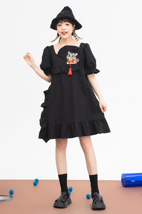 Black Ruffled Square Collar Cute Tiger Embroidered Bubble Short Sleeves High Waisted Sweet Lolita Dress - Product - 3
