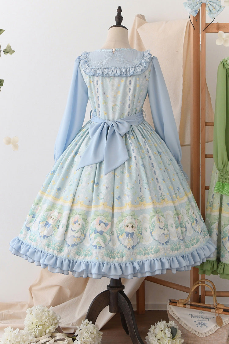 Blue [Lily of the Valley Cat] Print Ruffle Embroidery Bowknot Sweet Lolita Dress - Product - 4