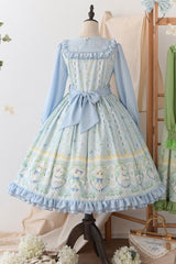 Blue [Lily of the Valley Cat] Print Ruffle Embroidery Bowknot Sweet Lolita Dress - Product - 4