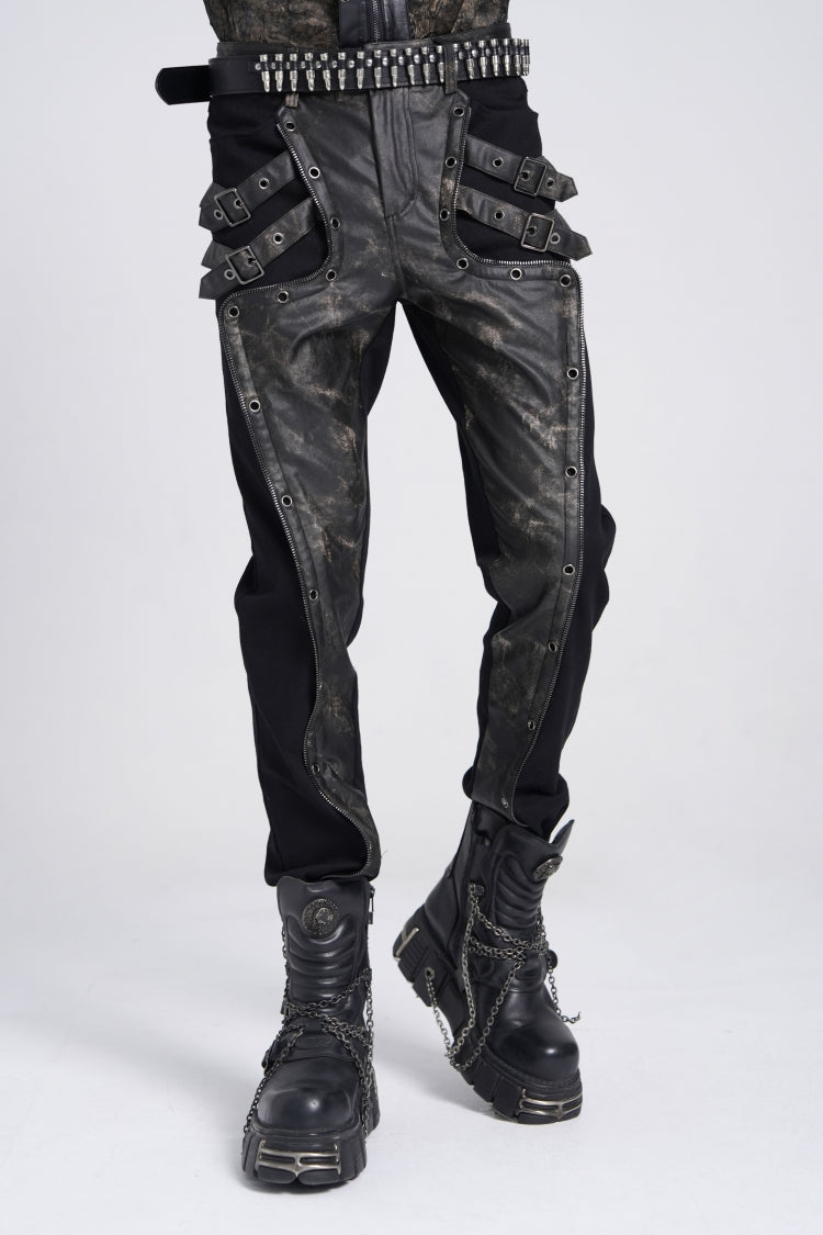 Black/Grey Faux Leather Stitching Buckle Men's Punk Pants - Product - 10