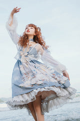 Blue Chinese Mythology Print High Waist Lace Trim Sweet Lolita JSK Dress - Product - 4