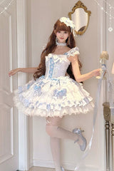 Blue [Honey Sweet Tart] Square Collar Sleeveless Multi-Layered Jacquard Ruffled Bow Lace Lace-Up Lolita Jsk Dress - Product - 3