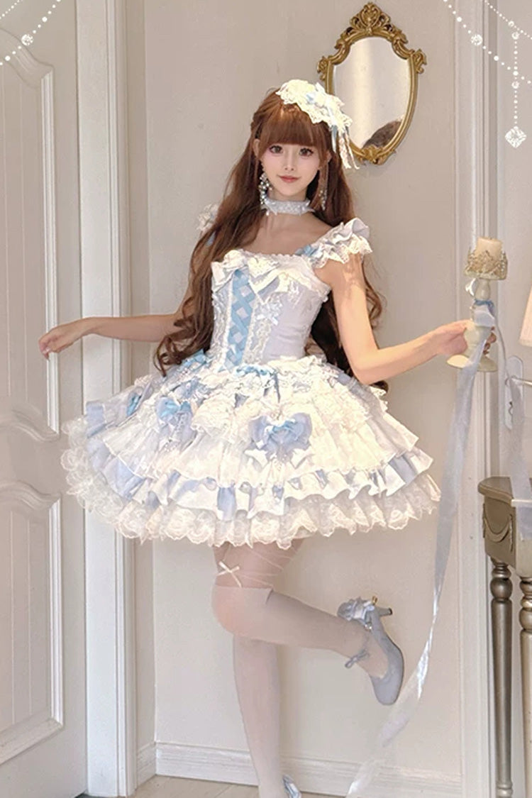 Blue [Honey Sweet Tart] Square Collar Sleeveless Multi-Layered Jacquard Ruffled Bow Lace Lace-Up Lolita Jsk Dress - Product - 3