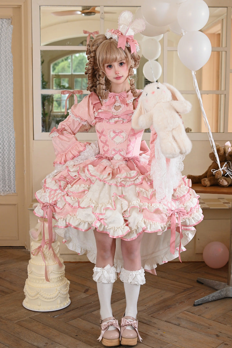 [Bunny Hime] Doll Collar Short Sleeves Multi-Layered Ruffled Bow Sweet Lolita Dress 2 Colors (Blue, Pink) - Product - 12