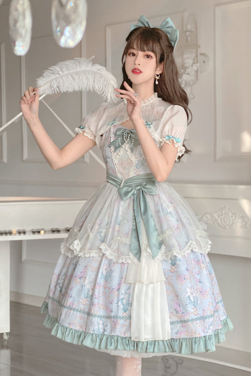 Green Flower Wall Pattern Print High Waisted Fresh And Sweet Lolita JSK Dress - Product - 3