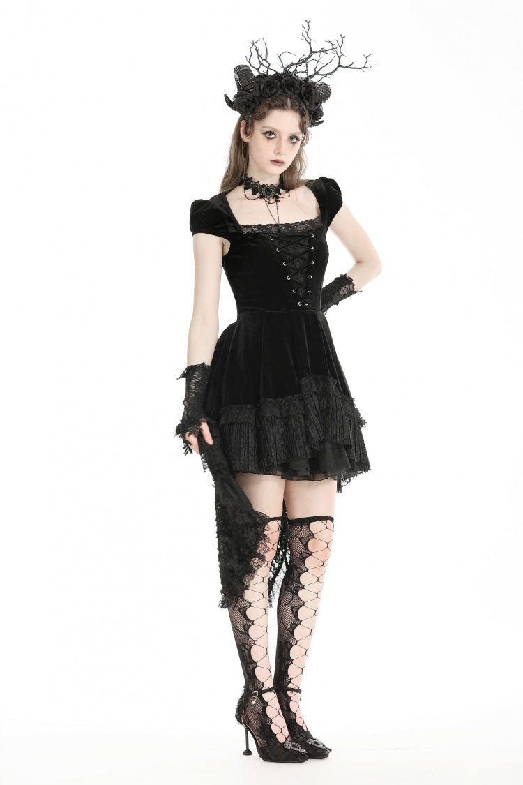 Black Square Collar Cap Sleeves Lace-Up High/Low Lace Ruffled Women's Gothic Princess Velvet Dress - Product - 11