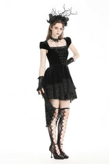 Black Square Collar Cap Sleeves Lace-Up High/Low Lace Ruffled Women's Gothic Princess Velvet Dress - Product - 11