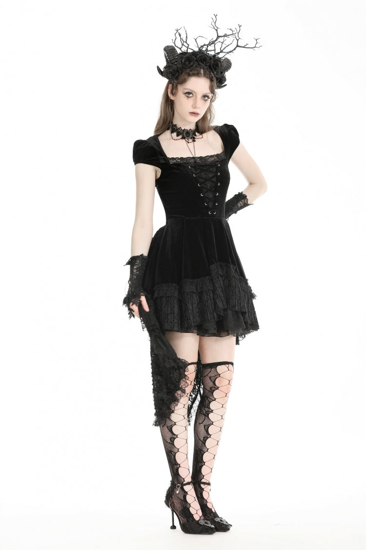 Black Square Collar Cap Sleeves Lace-Up High/Low Lace Ruffled Women's Gothic Princess Velvet Dress - Product - 11