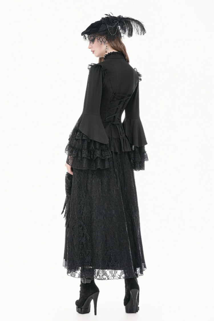 Black Stand Collar Long Trumpet Sleeves Multi-Layered Ruffled Lace Patchwork Lace-Up Women's Victorian Gothic Blouse - Product - 2