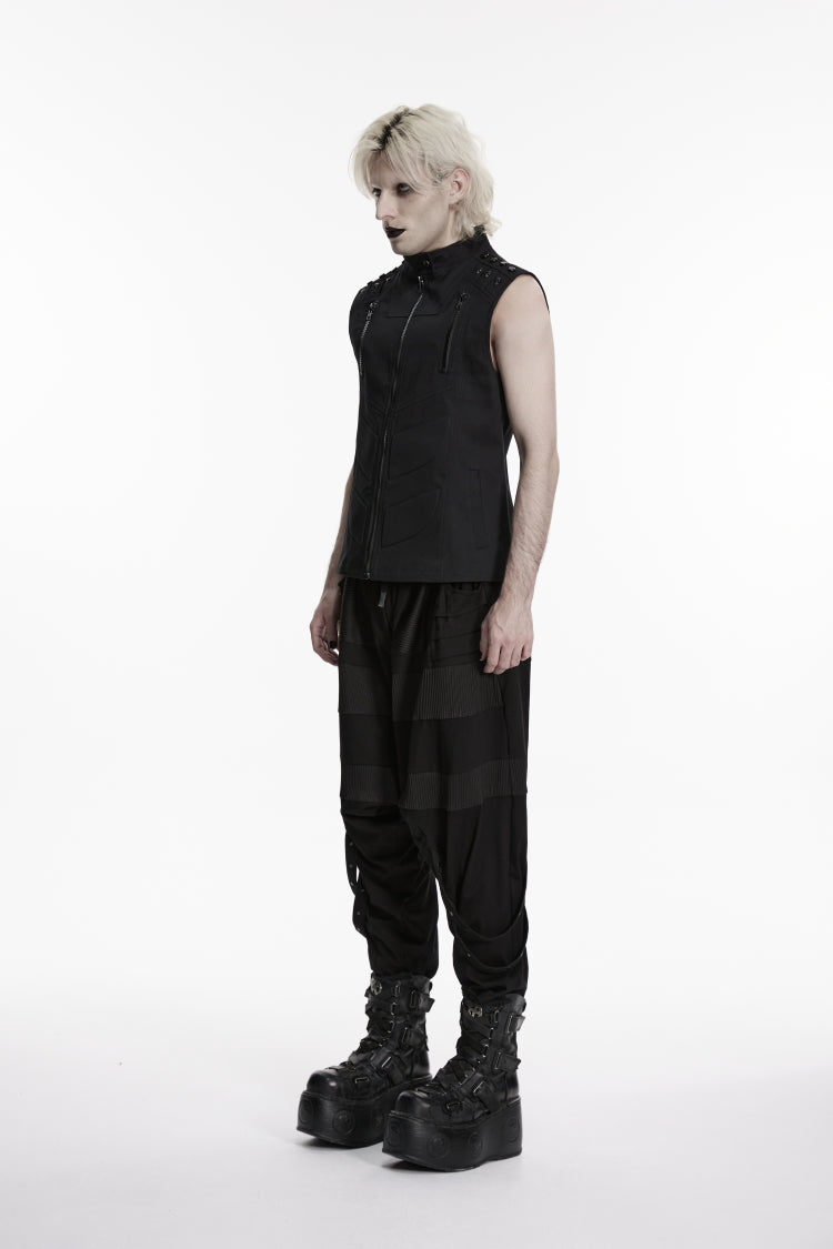 Black Stand Collar Sleeveless Studded Zippered Men's Punk Handsome Vest - Product - 3