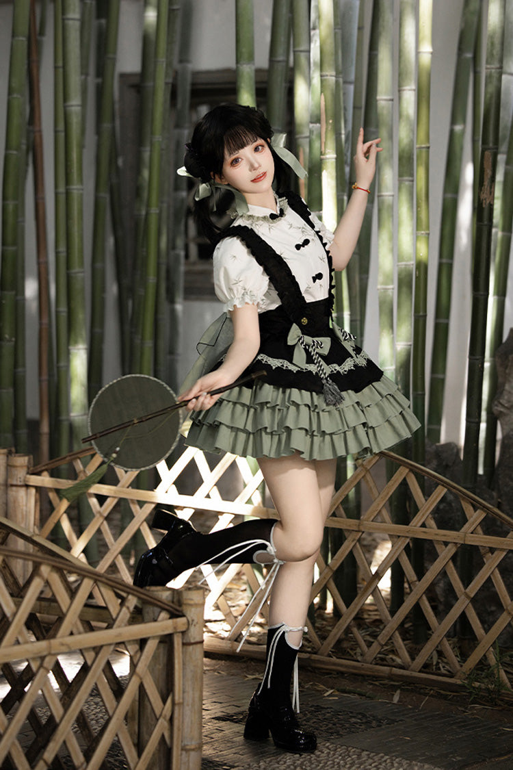 Black/Green Multi-Layered Bamboo Leaves Print Ruffle Bowknot Sweet Chinese Style Lolita Skirt Set - Product - 3