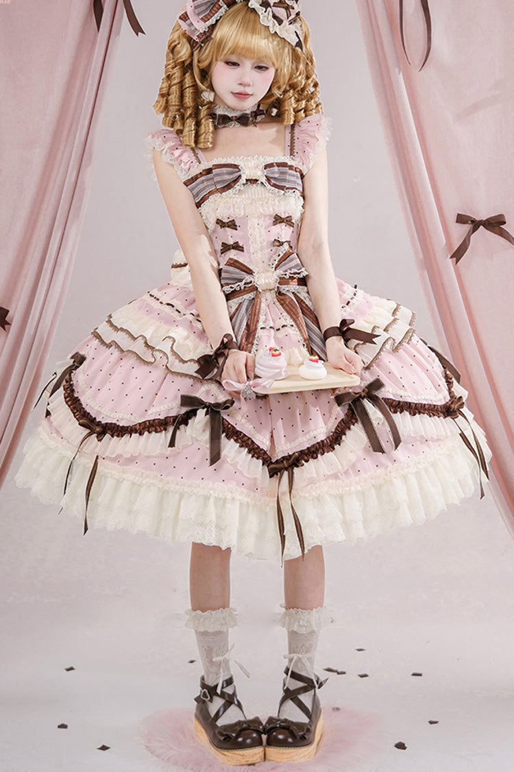Pink [Shengqiao Tata] Sleeveless Print Ruffle Bowknot Lace-Up Sweet Elegant Lolita Jsk Dress - Product - 5