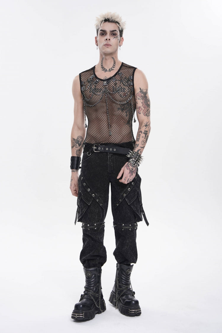 Black Round Collar Sleeveless Slim Sheer Mesh Studded Eyelet Men's Punk Handsome Vest - Product - 7