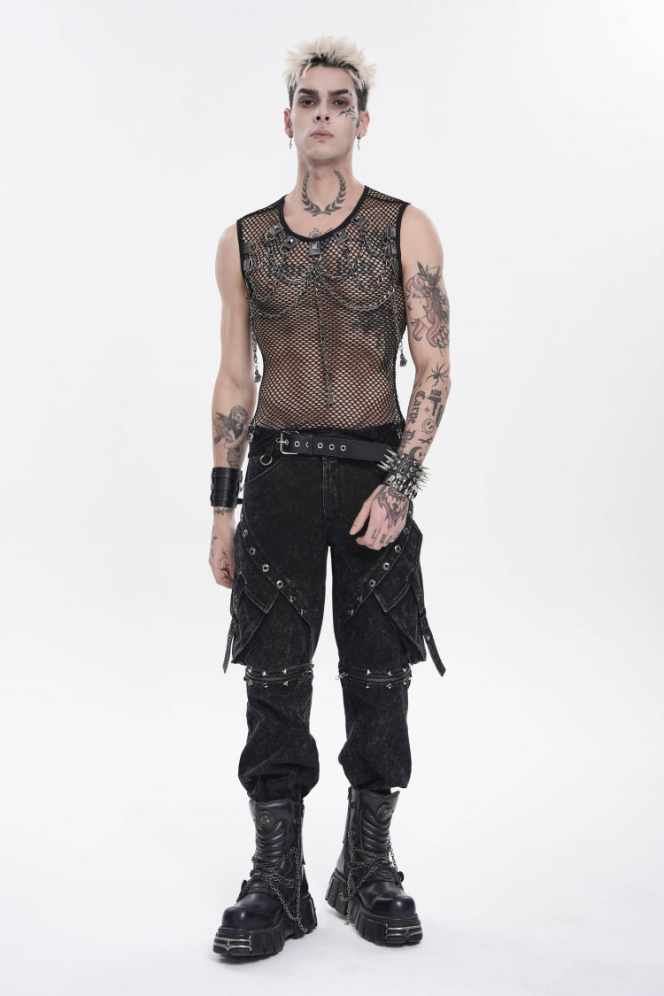 Black Round Collar Sleeveless Slim Sheer Mesh Studded Eyelet Men's Punk Handsome Vest - Product - 7