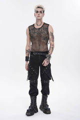 Black Round Collar Sleeveless Slim Sheer Mesh Studded Eyelet Men's Punk Handsome Vest - Product - 7