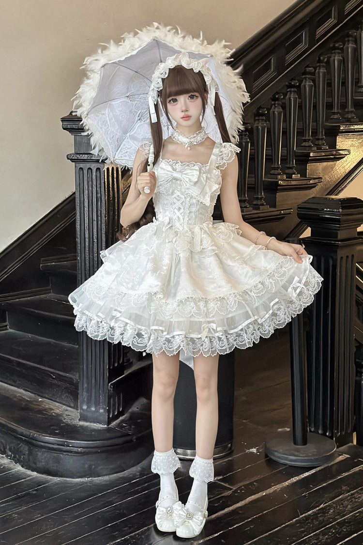 White [Fleishi Island] Sleeveless Ruffle Bowknot Lace Slim Sweet Ballet Lolita Jsk Dress - Product - 7