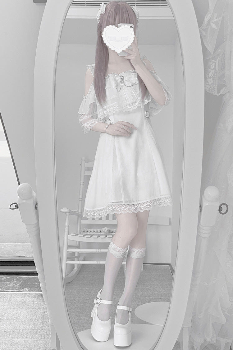 White [Pear Moon] Ruffle Bowknot Lace Jirai Kei Japanese Dress - Product - 4