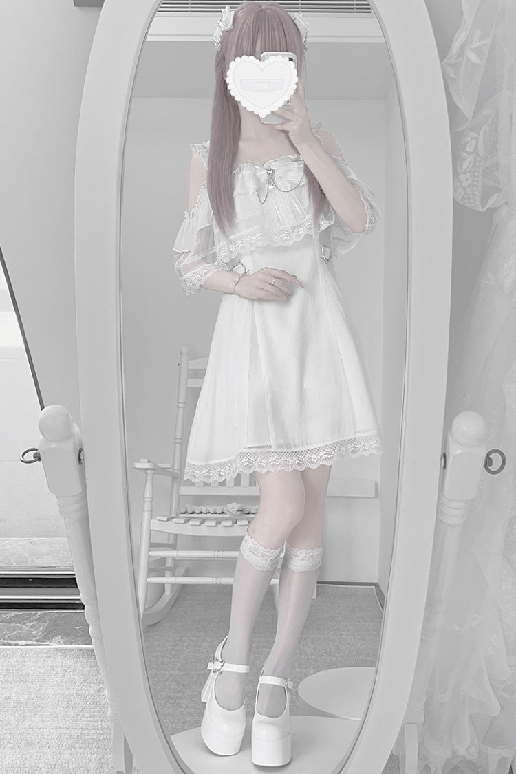 White [Pear Moon] Ruffle Bowknot Lace Jirai Kei Japanese Dress - Product - 4
