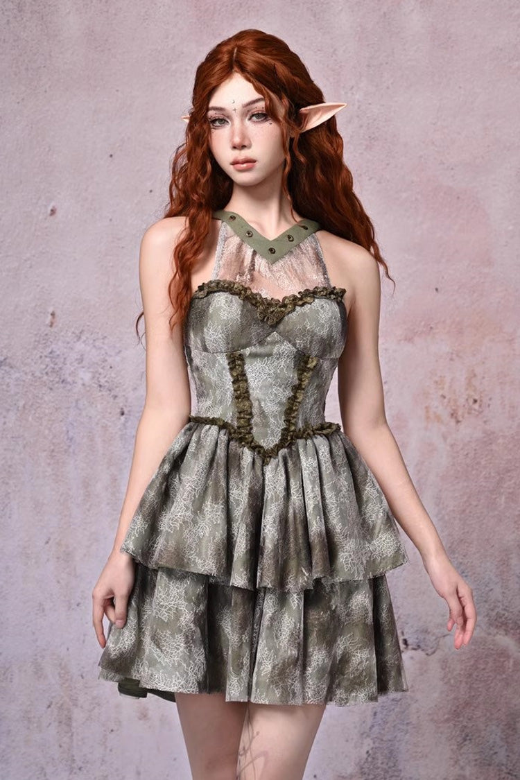 Light Green Halterneck Double-Layered Print Ruffle Lace Tie-dyed Vintage Jsk Dress - Product - 6