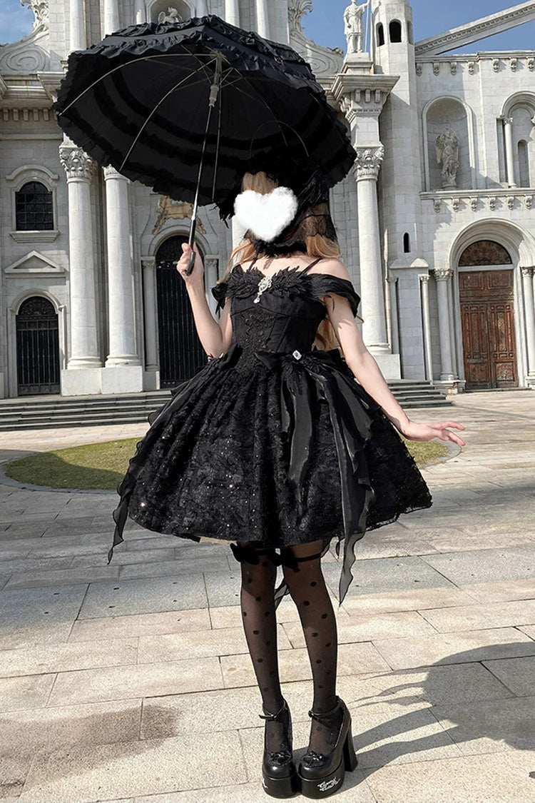 Black [Feathers Floating In The Air] Square Collar Flutter Sleeves Embroidered Bow Lace Gothic Lolita Jsk Dress - Product - 10