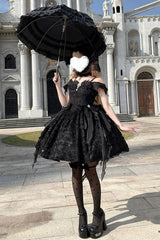 Black [Feathers Floating In The Air] Square Collar Flutter Sleeves Embroidered Bow Lace Gothic Lolita Jsk Dress - Product - 10