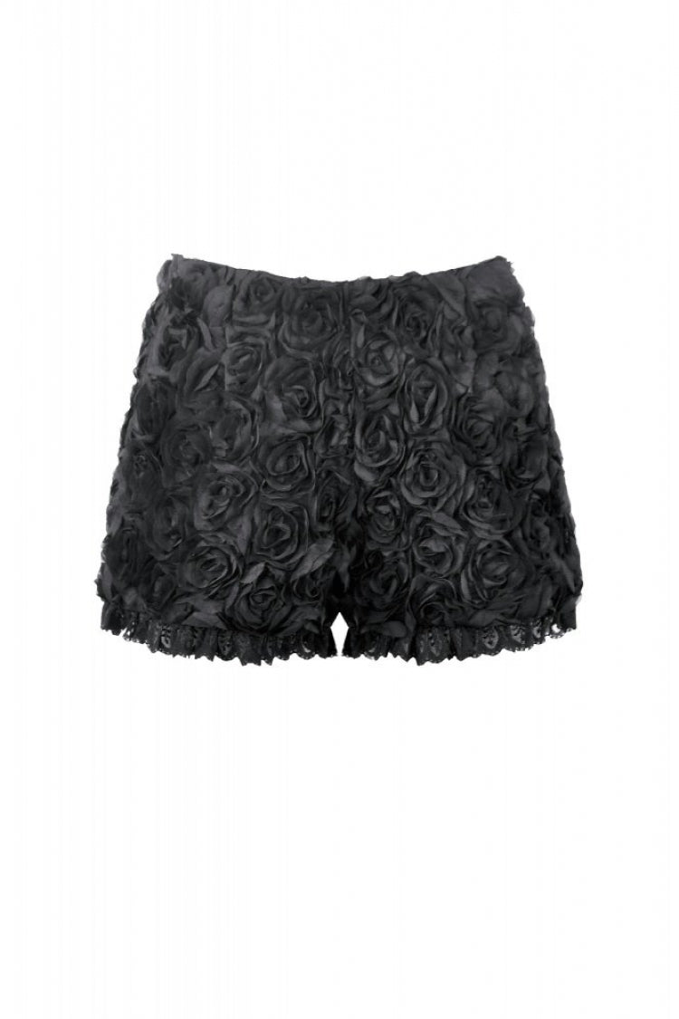 Black 3D Floral Jacquard Lace-Trimmed Women's Gothic Mini Shorts - Product - 3