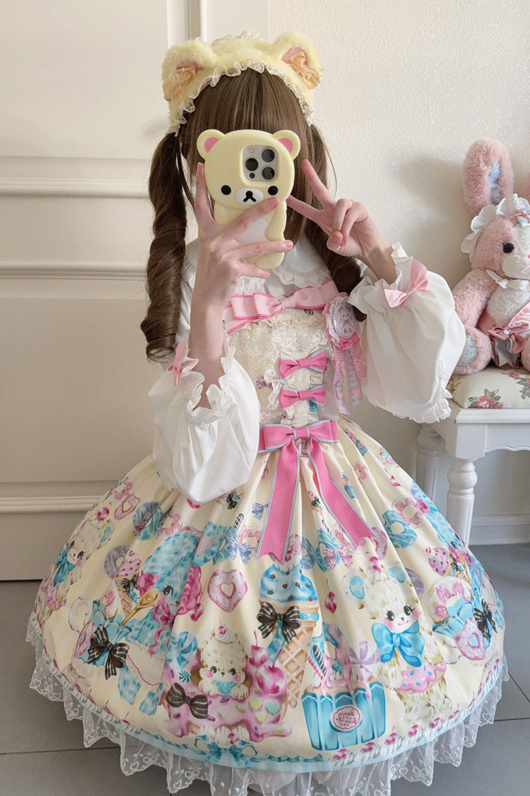Yellow [Floral Whisper] Bear Print Ruffle Bowknot Lace Sweet Princess Lolita Jsk Dress - Product - 6