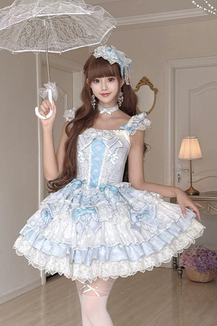 Blue [Honey Sweet Tart] Square Collar Sleeveless Multi-Layered Jacquard Ruffled Bow Lace Lace-Up Lolita Jsk Dress - Blue - 1