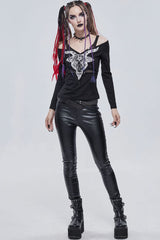 Black Punk Devil Sheep Head Printed Long Sleeves Off The Shoulder Women's Shirt - Product - 6