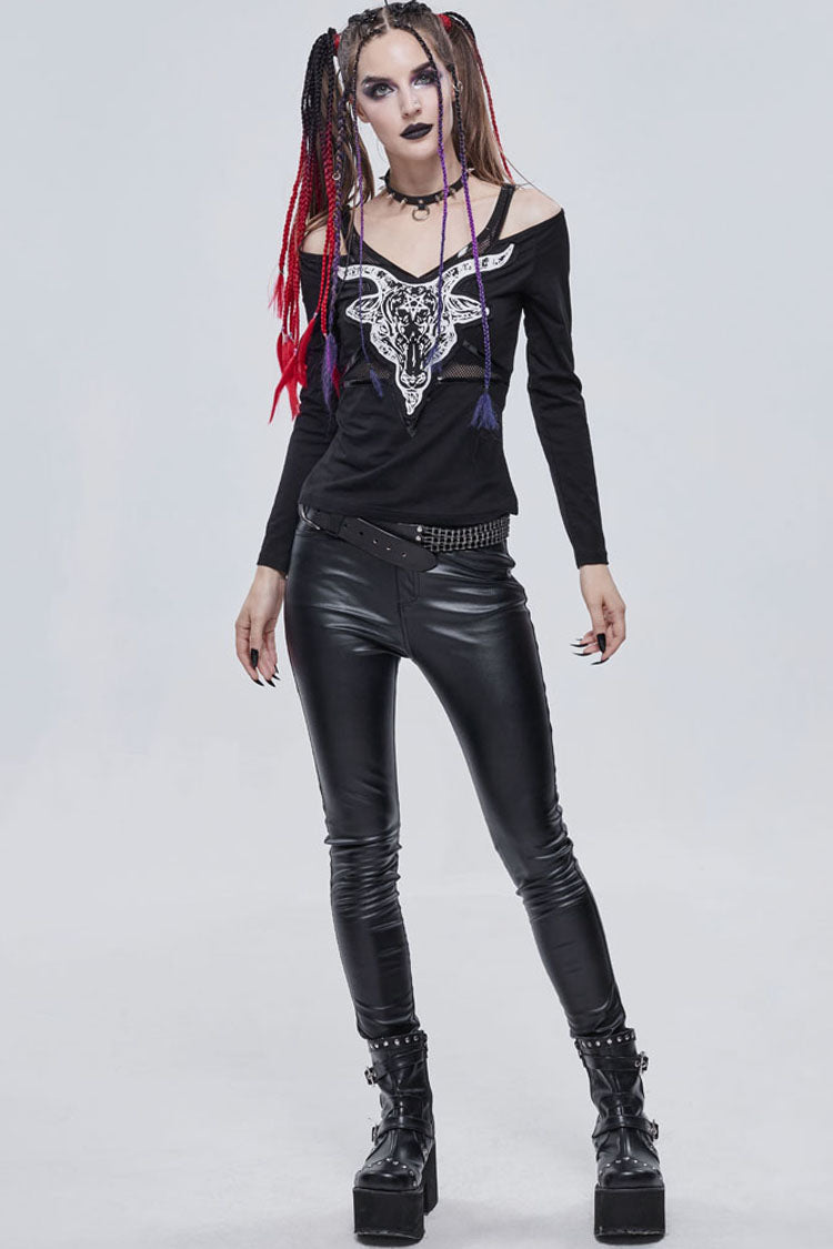 Black Punk Devil Sheep Head Printed Long Sleeves Off The Shoulder Women's Shirt - Product - 6