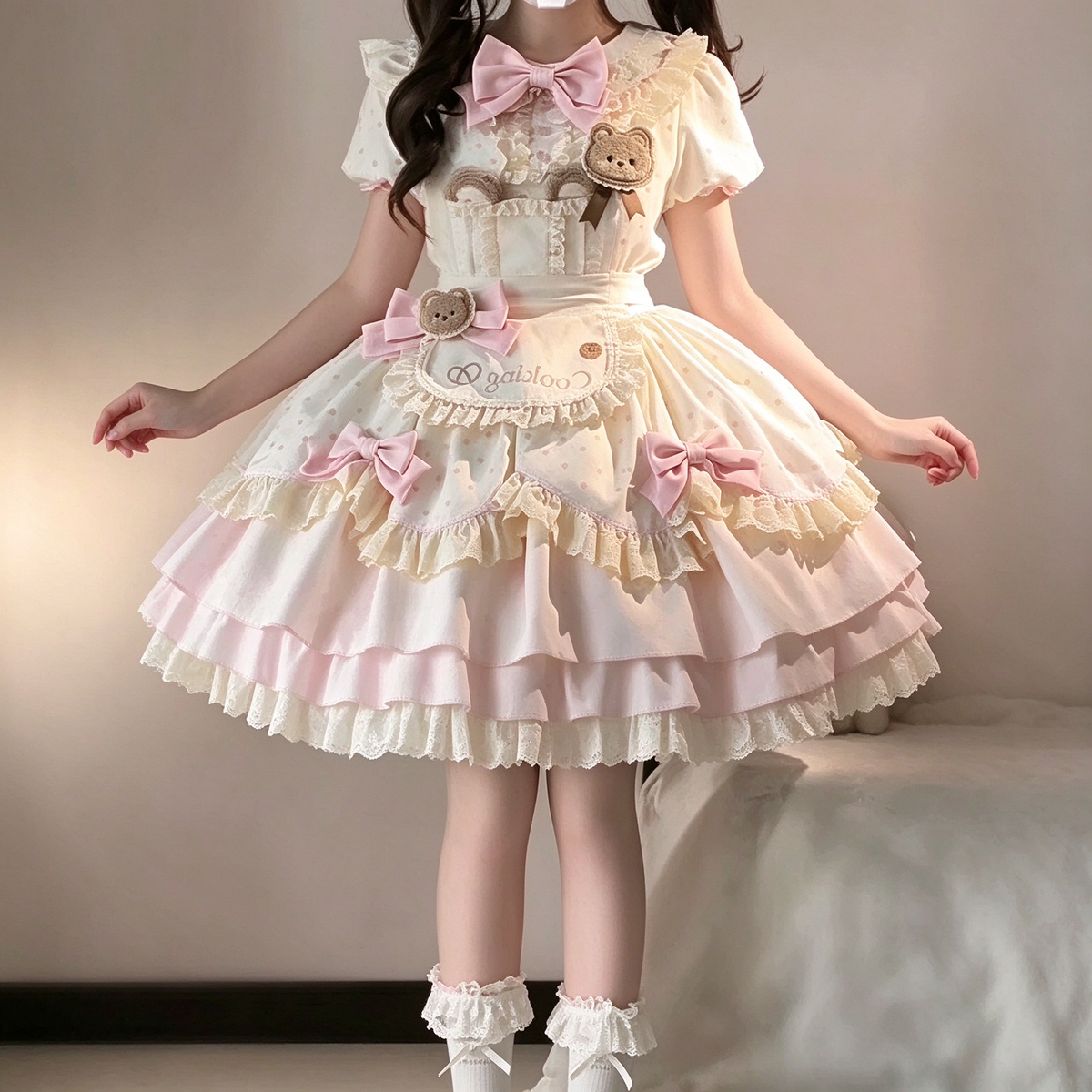 Sweet Pink Polka Dot Ruffled Maid Lolita Dress Set with Apron - view 4