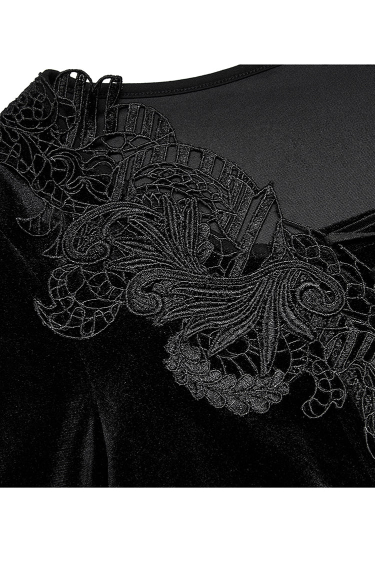 Black Gorgeous Velvet Fabric Embroidered Jacquard Neckline Irregular Hem Trumpet Sleeve Women's Gothic Dress - Product - 7