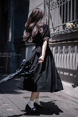 Black [Random Thoughts] Square Collar Short Sleeves Ruffle Classic Vintage Elegant Lolita Dress - Product - 7