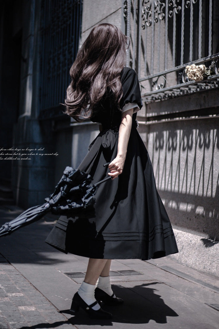 Black [Random Thoughts] Square Collar Short Sleeves Ruffle Classic Vintage Elegant Lolita Dress - Product - 7