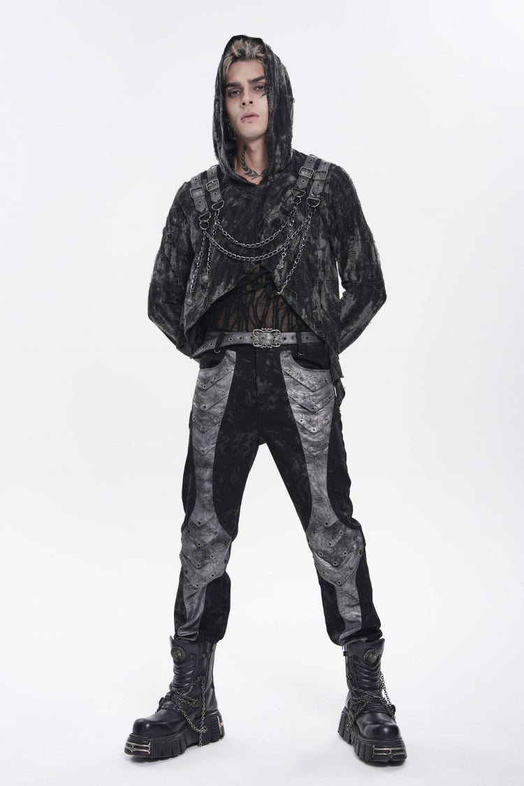 Grey Printed Cut-Out Spliced Color-Blocked Men's Punk Cool Pants - Product - 4