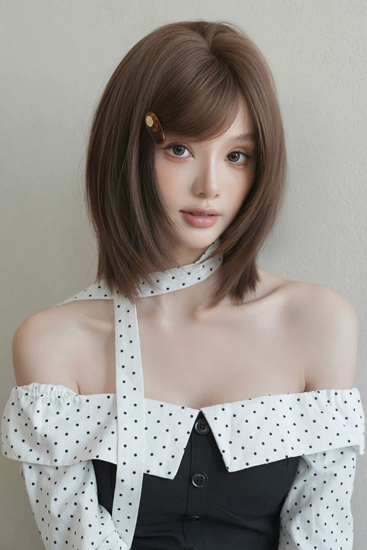 Chestnut Brown Refined Side-Swept Bangs Layered Sweet Lolita Short Bob Wig - Chestnut-Brown - 1