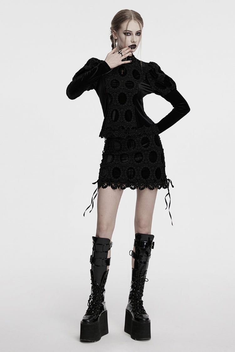 Black Long Puff Sleeves Print Embroidery Women's Gothic Blouse - Product - 4