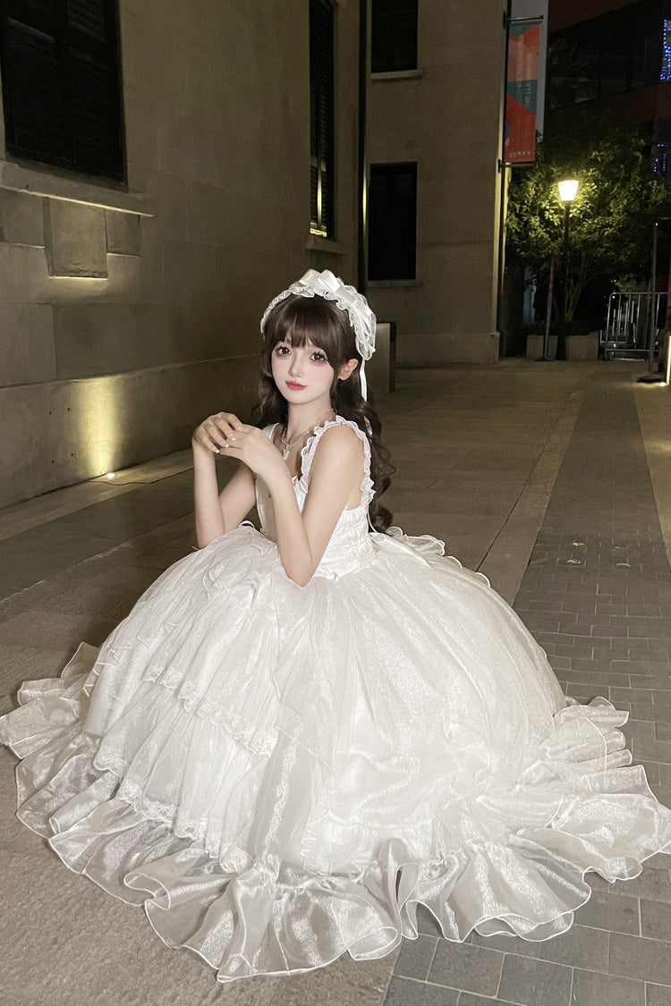 White [Moonlight Sonata] Ruffle Cardigan Bowknot Lace Sweet Vintage Lolita Jsk Dress - Product - 8