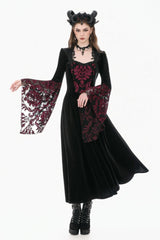 Black/Red Square Collar Long Flare Puff Sleeves Lace Women's Gothic Victorian Velvet Long Dress - Product - 12