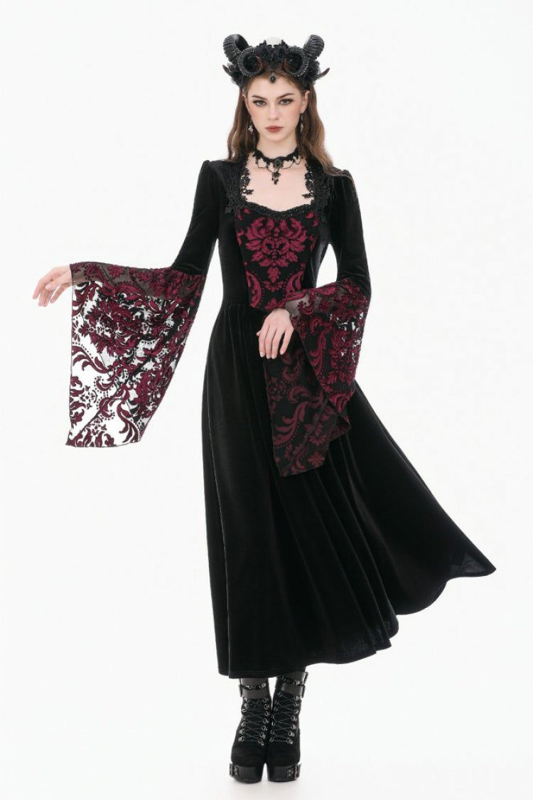 Black/Red Square Collar Long Flare Puff Sleeves Lace Women's Gothic Victorian Velvet Long Dress - Product - 12
