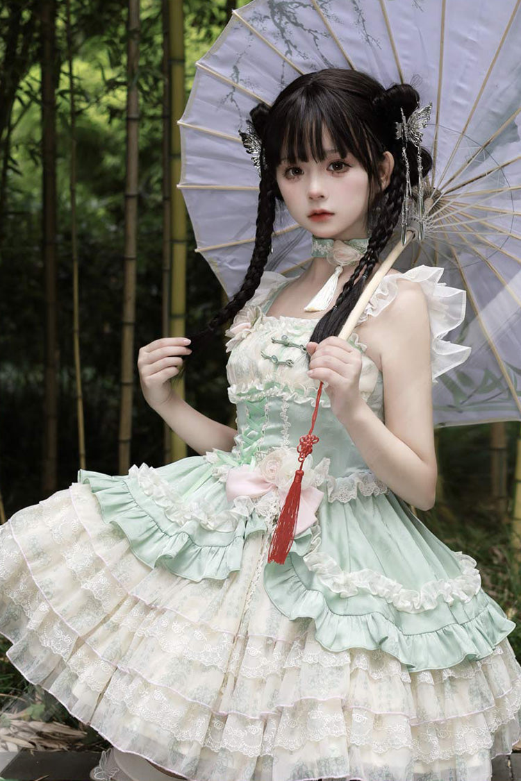 Ancient Poetry Print Multi-layer Ruffle Bowknot Lace Sweet Chinese Style Lolita Tiered Dress 2 Colors - Product - 4