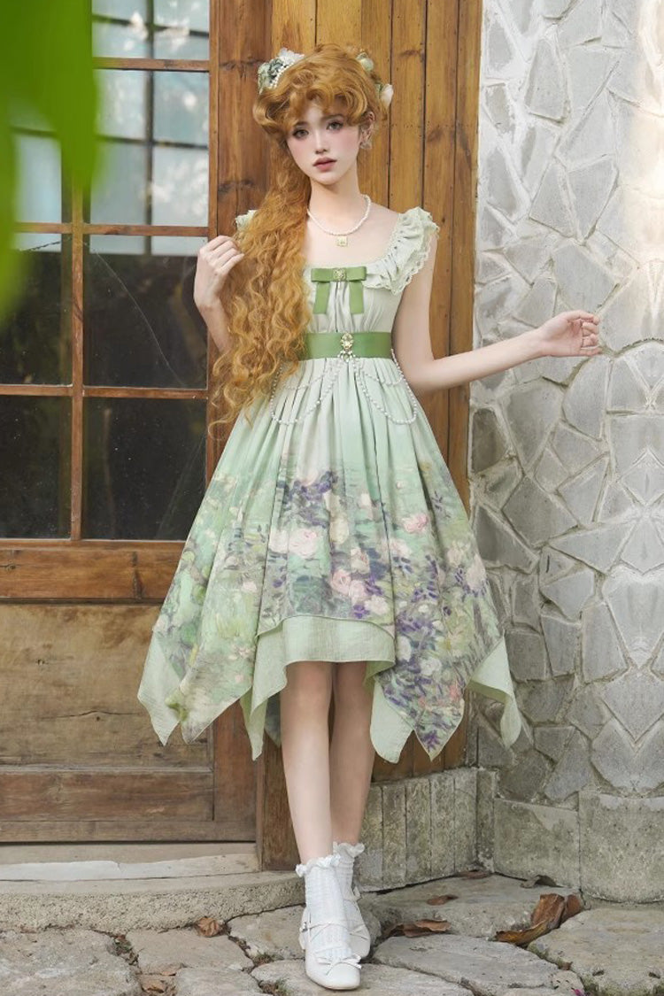 Green [Blooming Roses] Print Oil Painting Chiffon Ruffle Bowknot Irregular Sweet Lolita Jsk Dress - Product - 15
