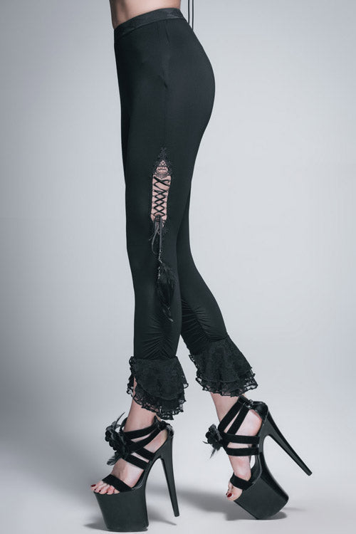Black Side Hollow Out Lace Up Slit Lace Hem Gothic Womens Pants - Product - 3