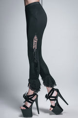 Black Side Hollow Out Lace Up Slit Lace Hem Gothic Womens Pants - Product - 3